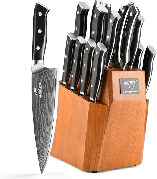 Knife Block Set, 18-Piece Damascus Kitchen Knife Sets with VG10 Core Blades, 67-Layer Damascus Steel, ABS Ergonomic Handle, Compact Knife Block Design, Suitable for Placement in Small Spaces