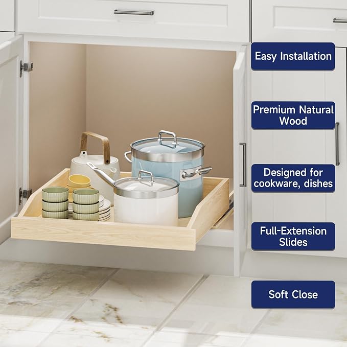 Pull Out Cabinet Organizer 22.5" W x 21" D, Soft Close Slide Out Wood Drawer Shelf for Kitchen Cabinets, Pull Out Cabinet Drawer for Base Cabinet, Pantry and Bathroom Storage, Bottom Mount