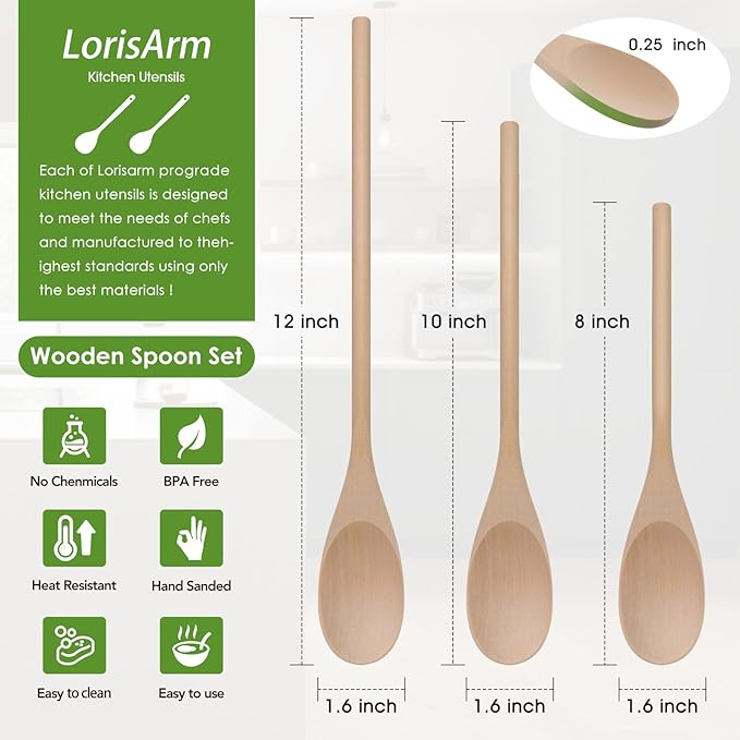 LorisArm 3PC Wooden Spoon for Cooking, Long handle 12" 10" 8" Wood Serving Spoons Set for Mixing Stirring Tasting, Maple Wood Nonstick Kitchen Utensils.