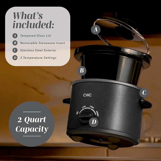 COOK WITH COLOR 2QT Mini Electric Round Slow Cooker - Adjustable Settings, Removable Stoneware Pot, Tempered Glass Lid, Dishwasher Safe, Cool-Touch Side Handles, Black