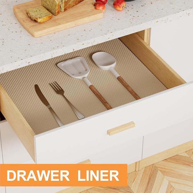 FLPMIX Shelf Liners for Kitchen Cabinets: Waterproof Non-Adhesive Drawers Liner - Easy to Cut Cupboard Mats for Pantry Shelves 17" W x 300" L Khaki