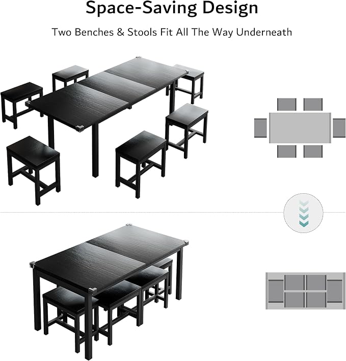 iPormis 7-Piece Extendable Dining Table Set with 6 Stools, 63" Kitchen Table Set for 4-8, Modern Dining Room Table with Sturdy Metal Frame, Space-Saving Dinette, Black