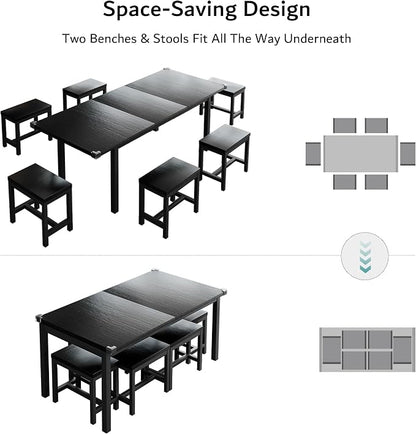 iPormis 7-Piece Extendable Dining Table Set with 6 Stools, 63" Kitchen Table Set for 4-8, Modern Dining Room Table with Sturdy Metal Frame, Space-Saving Dinette, Black