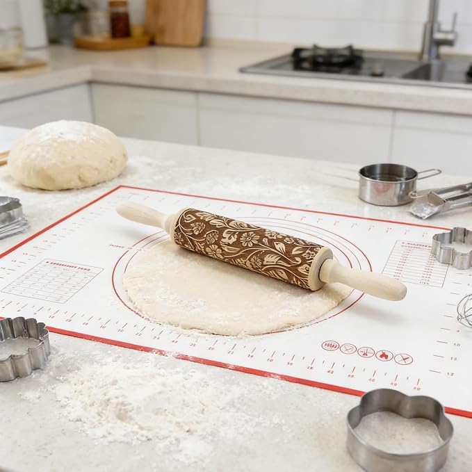 Wooden Rolling Pin & Pastry Mat Set, Engraved Dough Roller for Baking by HHTOAR