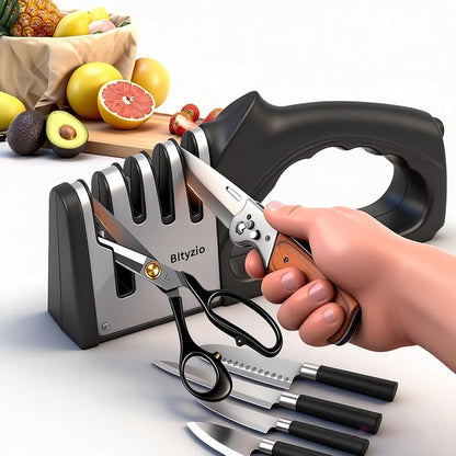 4-In-1 Manual Knife Sharpener for Kitchen Knives & Scissors, Professional Pull-Through Knife Sharpener with Tungsten Steel & Ceramic Slots, Non-Slip Base, Easy to Use for Chef Knives & Kitchen Knives