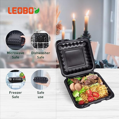 8 Inch 34oz 55-Pack Black To Go Boxes - Shrink Wrapped No Pre-Wash | BPA Free Sturdy Reusable & Elegant | Microwave Safe for Hot Meals, Leftovers & Events | Disposable Takeout Food Containers