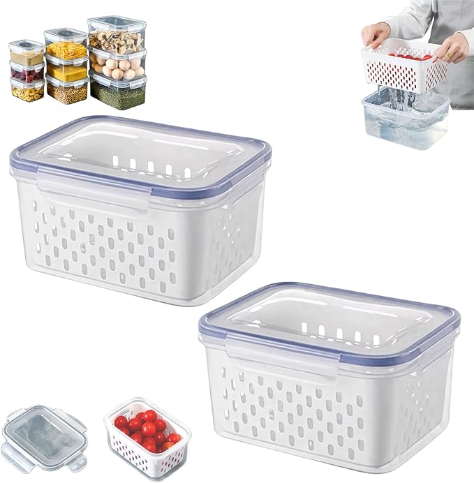 4 in 1 Food Storage Containers with Lids, Food Storage Containers With Lids Airtight, With Removable Colander, For Fruits & Vegetables, Easy to Soak, Clean, Drain and Store (Blue, S*2)