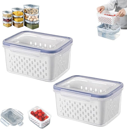 4 in 1 Food Storage Containers with Lids, Food Storage Containers With Lids Airtight, With Removable Colander, For Fruits & Vegetables, Easy to Soak, Clean, Drain and Store (Blue, M*2)