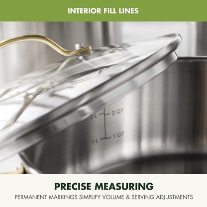 GreenPan Stainless Steel Cookware Set, 11 Piece, Induction Cookware, Dishwasher Safe, Oven Safe to 600F, Large 8QT Stock Pot, Sauce, Saute, Frying Pans, Pots & Pans Kitchen Essentials, Gold