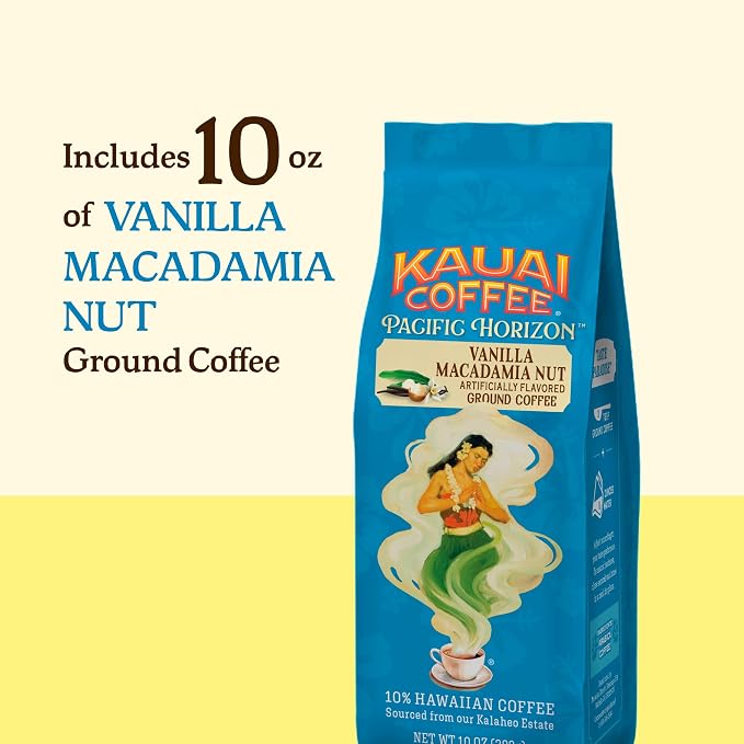 Kauai Hawaiian Ground Coffee, Vanilla Macadamia Nut Flavor (10 oz Bag) - 10% Hawaiian Coffee from Hawaii's Largest Coffee Grower - Bold, Rich Blend, 10 oz