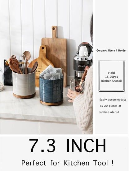 Utensil Holder, 360° Rotating Extra Large Ceramic Kitchen Utensil Holder for Countertop, 7.3“ Cooking Utensil Crocks for Kitchen Counter with Rotatable Wooden Base, Farmhouse Decor, Dusty Blue
