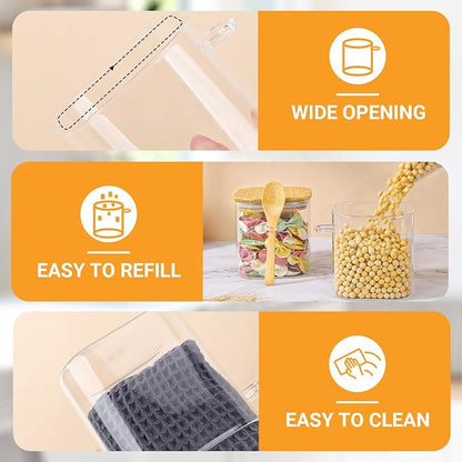 Glass Jars with Airtight Lids - 2 Pack 24 Fl.oz Square Glass Storage Jars with Bamboo Lid and Spoon, Stackable Kitchen Pantry Container Clear Food Canister for Spice, Coffee, Sugar, Tea, Nuts