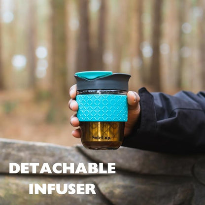 Travel Mug Loose Tea Infuser - Detachable Tea Strainer with Spillproof Lid - BPA-Free Reusable Glass Travel Coffee Cup with Silicone Band (Blue, 12oz)