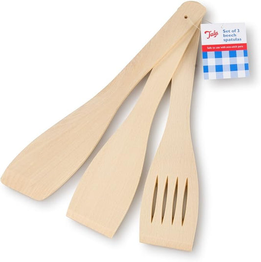 Tala Wooden Spatula Set 3 Piece Beechwood Utensil Set, Includes Rounded Spatula, Flat Spatula & Slotted Spatula Durable & Safe for Non-Stick Cookware, Beige