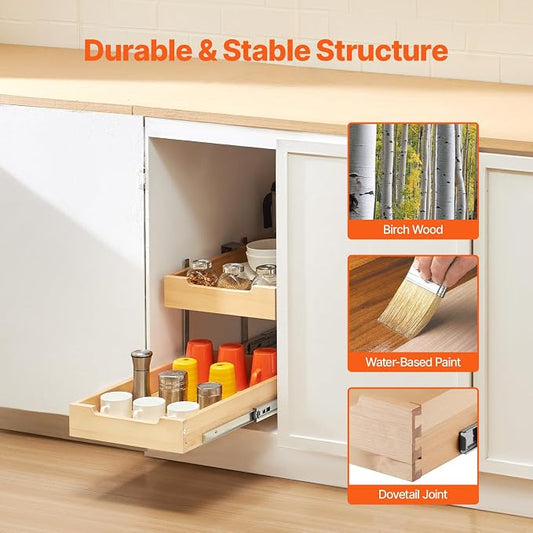 VEVOR 2 Tier Pull Out Cabinet Organizer, 14" W x 21" D Cabinet Drawer, Soft Close Slide out Shelf, Heavy-Duty Sliding Wood Drawer, Adjustable Base Cabinet Organization for Kitchen Pantry Bathroom