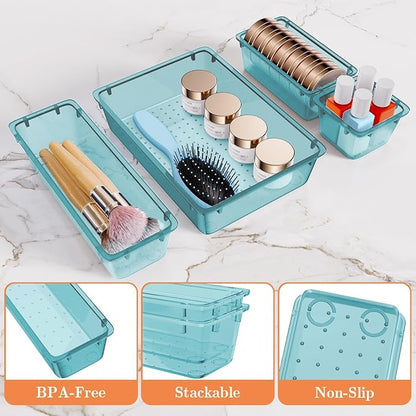 SpaceHacks 25 PCS Plastic Drawer Organizer Set, 4-Size Versatile Organizer Trays & storage Bins for Makeup, Jewelry, and Gadgets in Bathroom, Bedroom and Office, Sea Blue