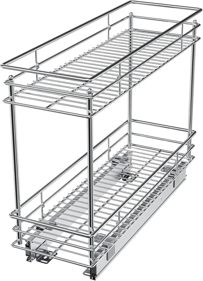 LOVMOR Pull Out Cabinet Organizer and Storage (5" W x 21" D) 2-Tier Pull Out Shelf Storage for Kitchen Base Cabinet Silver(5" W x 21" D, Silver, Roll on Top)