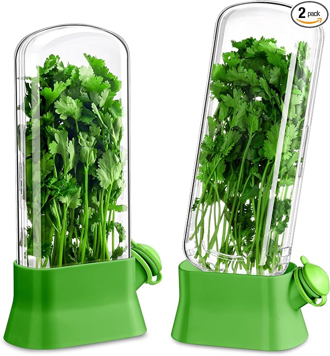 Baderke 2 Pieces Herb Saver for Refrigerator Fresh Herb Keeper Cilantro Container for Fridge Saver Pod for Cilantro, Parsley, Asparagus, Keeps Vegetables for 2-3 Weeks(Green)