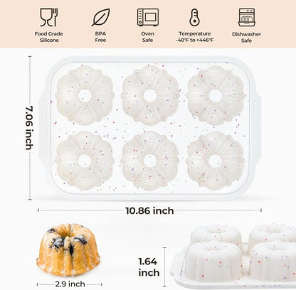 FUNBAKY 3 Inch Mini Fluted Tube Cake Pans for Baking with Metal Reinforced Frame, 2Pcs Silicone 6-Cavity Mini Flan Molds, Nonstick Baking Mold for Cupcake, Brownie, Donuts, Cornbread, Jello