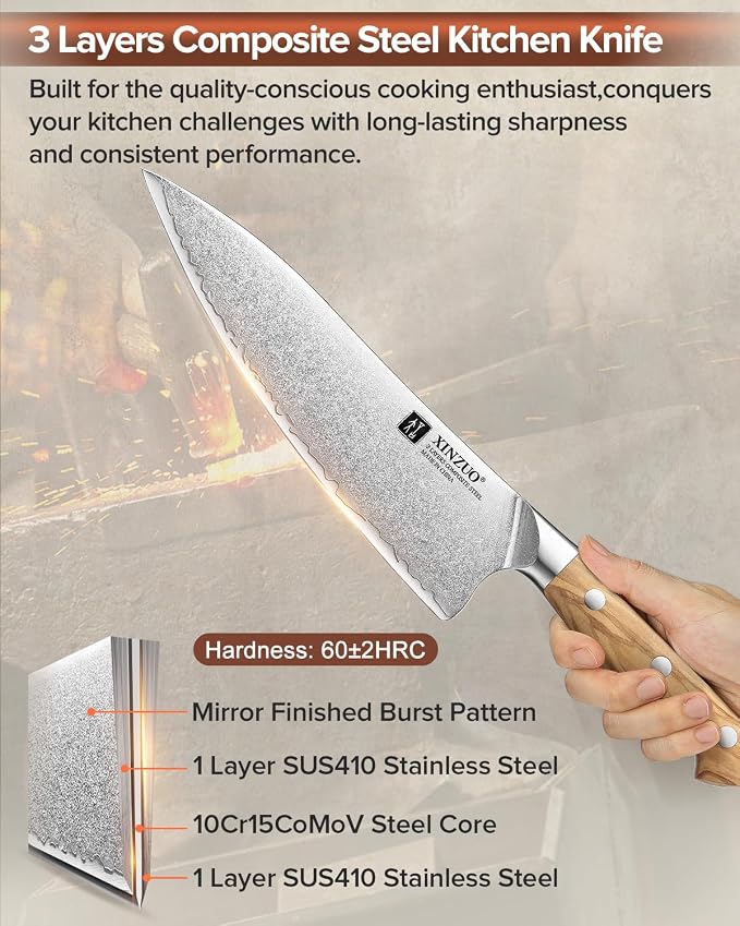 XINZUO Gyuto Chef Knife - 8.3 Inch Kitchen Knife 3 Layer 10Cr15Comov Steel Core High Carbon Steel Blade, Sharp Cutting Knife With Olive Wood + Stainless Steel Rivet Handle
