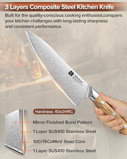 XINZUO Gyuto Chef Knife - 8.3 Inch Kitchen Knife 3 Layer 10Cr15Comov Steel Core High Carbon Steel Blade, Sharp Cutting Knife With Olive Wood + Stainless Steel Rivet Handle
