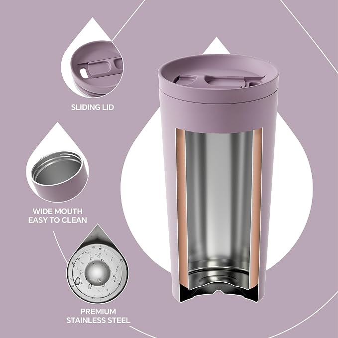 Ideus 17 oz Travel Coffee Mug, Double Wall Vacuum Stainless Steel Insulated Coffee Tumbler With Lid, Splash-Proof & Cup Holder Friendly, Keeps Drinks Hot/Cold, Dishwasher Safe, Purple