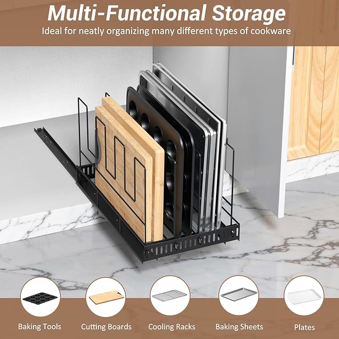 Housolution Pull Out Large Baking Tray and Cookie Sheet Organizer, 21.5" Deep Cutting Board Organizer with 4 Adjustable Dividers, 12" Wide Bakeware Muffin Pan Storage Rack for Cabinet