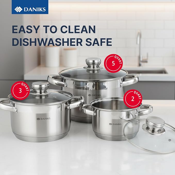 Daniks Standard 6-Piece Stainless Steel Cookware set with Glass Lid, Tri-Ply Bases for Even Heating, Induction Compatible, Dishwasher Safe, Built-In Measuring Scale, Silver