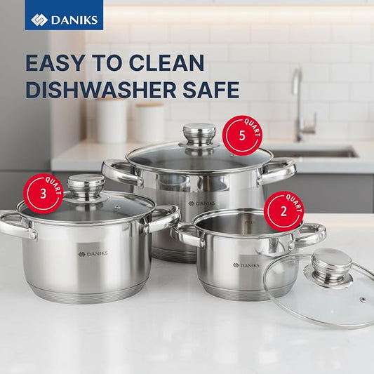 Daniks Standard 6-Piece Stainless Steel Cookware set with Glass Lid, Tri-Ply Bases for Even Heating, Induction Compatible, Dishwasher Safe, Built-In Measuring Scale, Silver