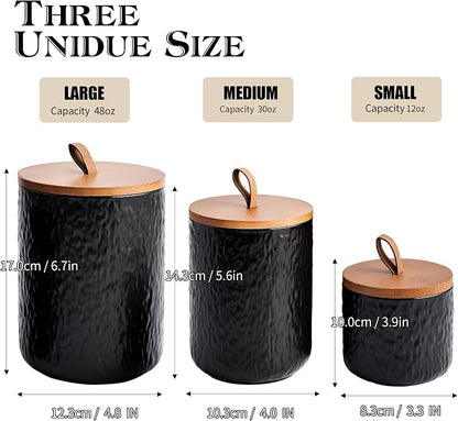 JOJUNO Black Ceramic Canister Set with Wooden Lid, 3-Piece Airtight Food Storage Jars for Kitchen Counter - Flour, Sugar, Coffee, Tea, Spice - Small, Medium, Large Sizes - Stone Texture