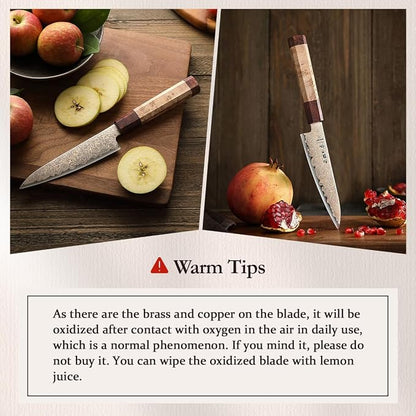 HEZHEN Kitchen Utility Knife, 5.5 Inches, 37 Layers Tricolor Copper Damascus Steel, Vegetable Fruit Knife, for Chefs and Home Cooking Using, Razor Sharp,Sycamore Wood Handle