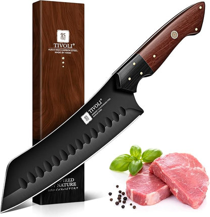 TIVOLI Santoku Knife 7 Inch - Japanese Chef Knife for Fish - Bunka Knives for Meat - Kiritsuke for Vegetables - Black Slicing Knives with Full Tang Handle - Cooking Gifts for Men and Women