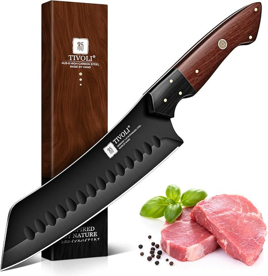 TIVOLI Santoku Knife 7 Inch - Japanese Chef Knife for Fish - Bunka Knives for Meat - Kiritsuke for Vegetables - Black Slicing Knives with Full Tang Handle - Cooking Gifts for Men and Women