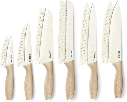 CAROTE 12PCS Knife set with Blade Guards,Granite Nonstick Ceramic Coating,Stainless Steel blade, Anti-Slip Handle, Essential Knives, Rustproof, White