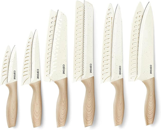 CAROTE 12PCS Knife set with Blade Guards,Granite Nonstick Ceramic Coating,Stainless Steel blade, Anti-Slip Handle, Essential Knives, Rustproof, White