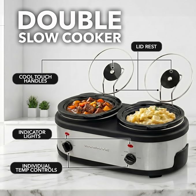 OVENTE Double Slow Cooker, Buffet Server and Warmer with Two 1.5Qt Removable Ceramic Pot, Adjustable Temperature Control and Tempered Glass Lid for Parties, Gatherings and Holidays, Silver SLO215BR