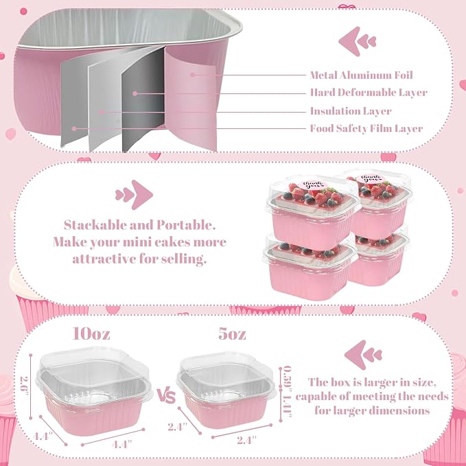 20 Pack 10oz Pink Mini Cake Pans With Lids, Aluminum Foil Square Brownie Baking Cups,Disposable 4”x4” Large Cupcake Pan,Jumbo Muffin Tin Ramekins Holders