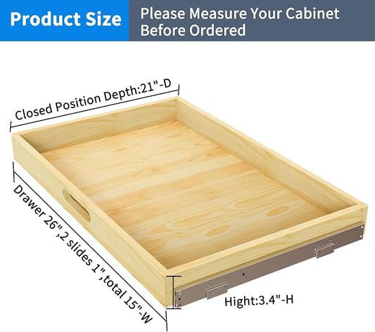Pull Out Cabinet Organizer, 1PC 33''W x 21''D x 3''H Soft Close Slide Out Wood Drawer Storage Shelves for Kitchen, Finished, Heavy-Duty, Bottom Assembly (Wood Drawer Part Width is 32inch)