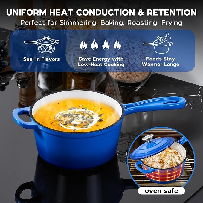 Onader 1 Quart Saucepan, Enameled Cast Iron Sauce Pan Pot, Small Kitchen Pot for Cooking with Lid, Enamel Dutch Oven Nonstick – Deep Blue