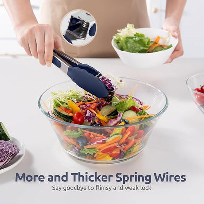 600ºF Heat Proof Kitchen Tong: U-Taste 7" Silicone Cooking Tong with Firm Sealed Non Stick Rubber Tips & Silicon Coated 18/8 Stainless Steel Handle & Smooth Locking for Serving Salad (Midnight Blue)