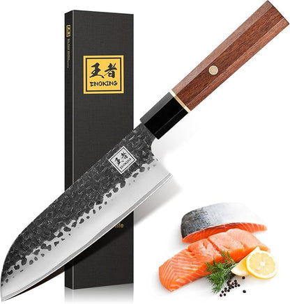 ENOKING Japanese Santoku Knife 7 Inch, High Carbon Steel Hand Forged Japanese Knife, 5 Layers 9CR18MOV Kitchen Chef Knife, Chopping Knife with Octagonal Rosewood Handle