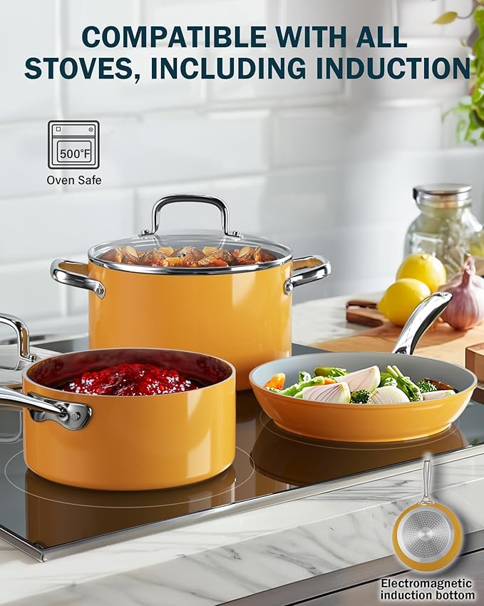 Cook N Home Classic Nonstick Cookware Set, Pots and Pans Cookware Set with Glass Lids and Comfortable Handles, Induction Compatible, 10-Piece, Yellow