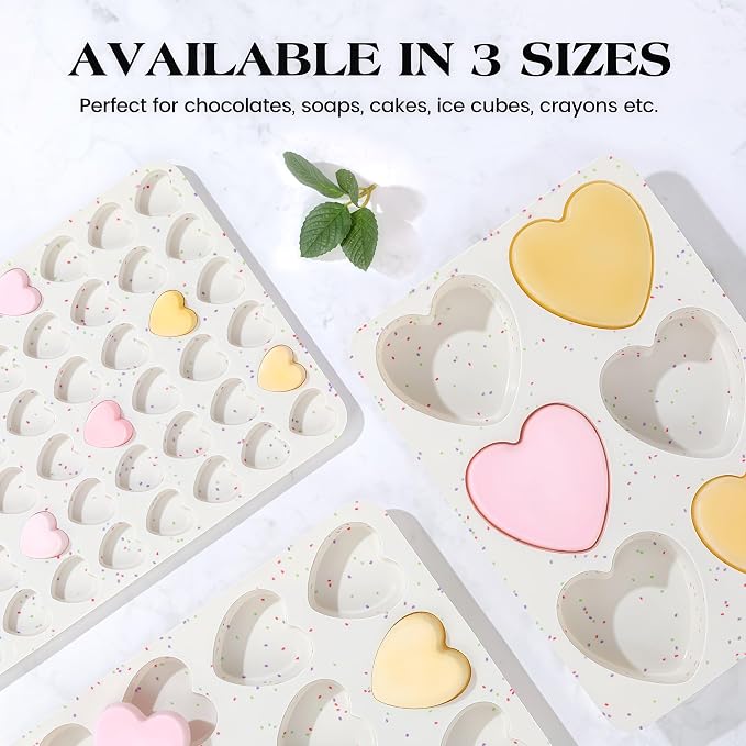 3 Inch Large Heart Shaped Silicone Molds for Chocolate, Candy, Cake, Soap (Set of 2, Cream)