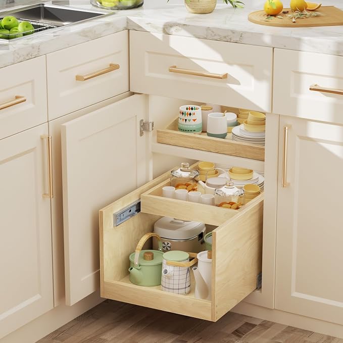 LOVMOR Retractable Double-Drawer Pull Out Cabinet Organizer 22½” W x 21” D Soft Close Cabinet Drawers Slide Out with Full Extension Rail Slides Cabinet Pull Out Shelves for kitchen Cabinets