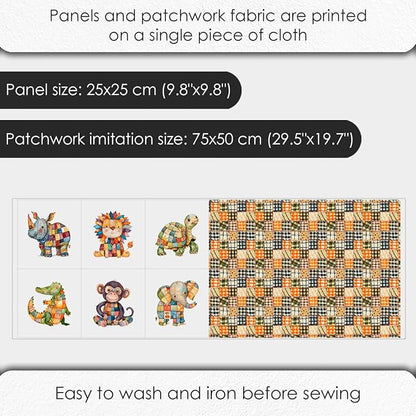 Cotton Fabric Panel – Single Continuous Patchwork Animal Panel with 6 Printed Squares (9.8” x 9.8”), Bonus Patchwork Area 29.5” x 19.7” – 100% Cotton Satin Fabric for Quilting, Sewing & Kids Crafts