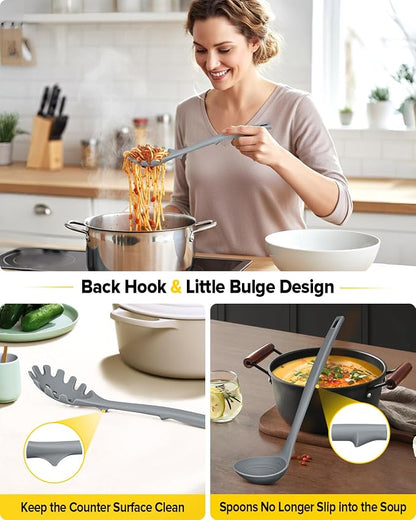 Silicone Cooking Utensils Set, 9 Pcs Heat Resistant Kitchen Utensils with Back Hooks, BPA Free Kitchen Tools with Spatulas, Spoons, Skimmer and Pasta Fork for Non Stick Cookware (GRAY)