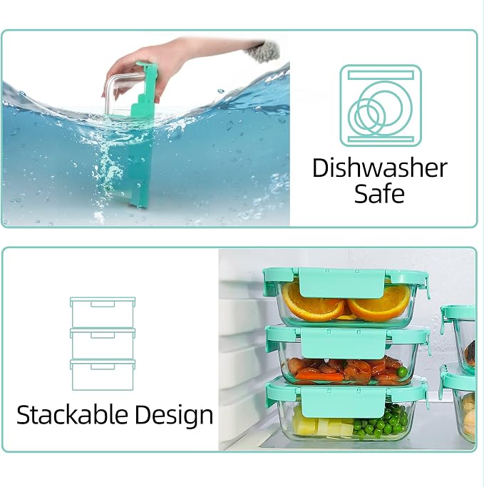10 Pack Glass Meal Prep Containers, Airtight Food Storage Containers with Lids, Glass Containers for Lunch Built in Air Vents, Dishwasher Safe, Mint Green
