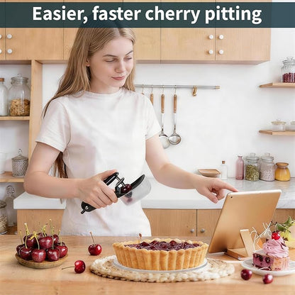 Cherry Pitter with Container, Stainless Steel Single Cherry Pitter Tool with Pit Collector Box, Portable Handheld Cherry Pitter for Baking, Mess-Free Pit Remover for Cherries, Kitchen Gadget (Black)