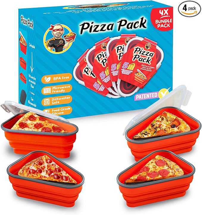 PIZZA PACK The Perfect Reusable Pizza Storage Container with 5 Microwavable Serving Trays - BPA-Free Adjustable Pizza Slice Container to Organize & Save Space, 4 Pack, Red