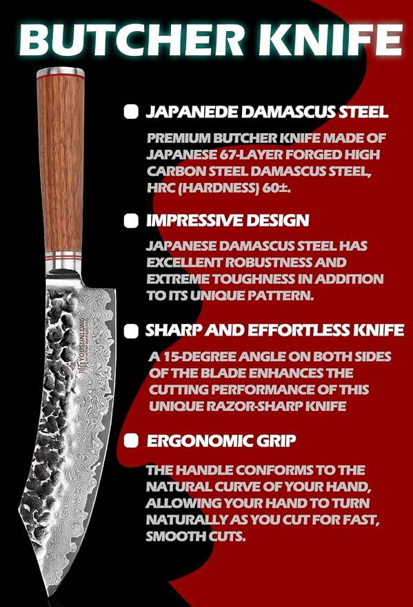 YOUSUNLONG Butcher Knife 8" Cimitar Hybrid Cleaver Japanese Hammered Damascus Steel Natural Walnut Wooden Handle